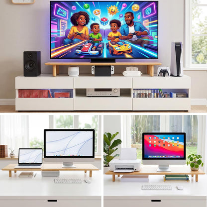 Bamboo Dual Monitor Stand Riser, Natural Desk Shelf with Storage