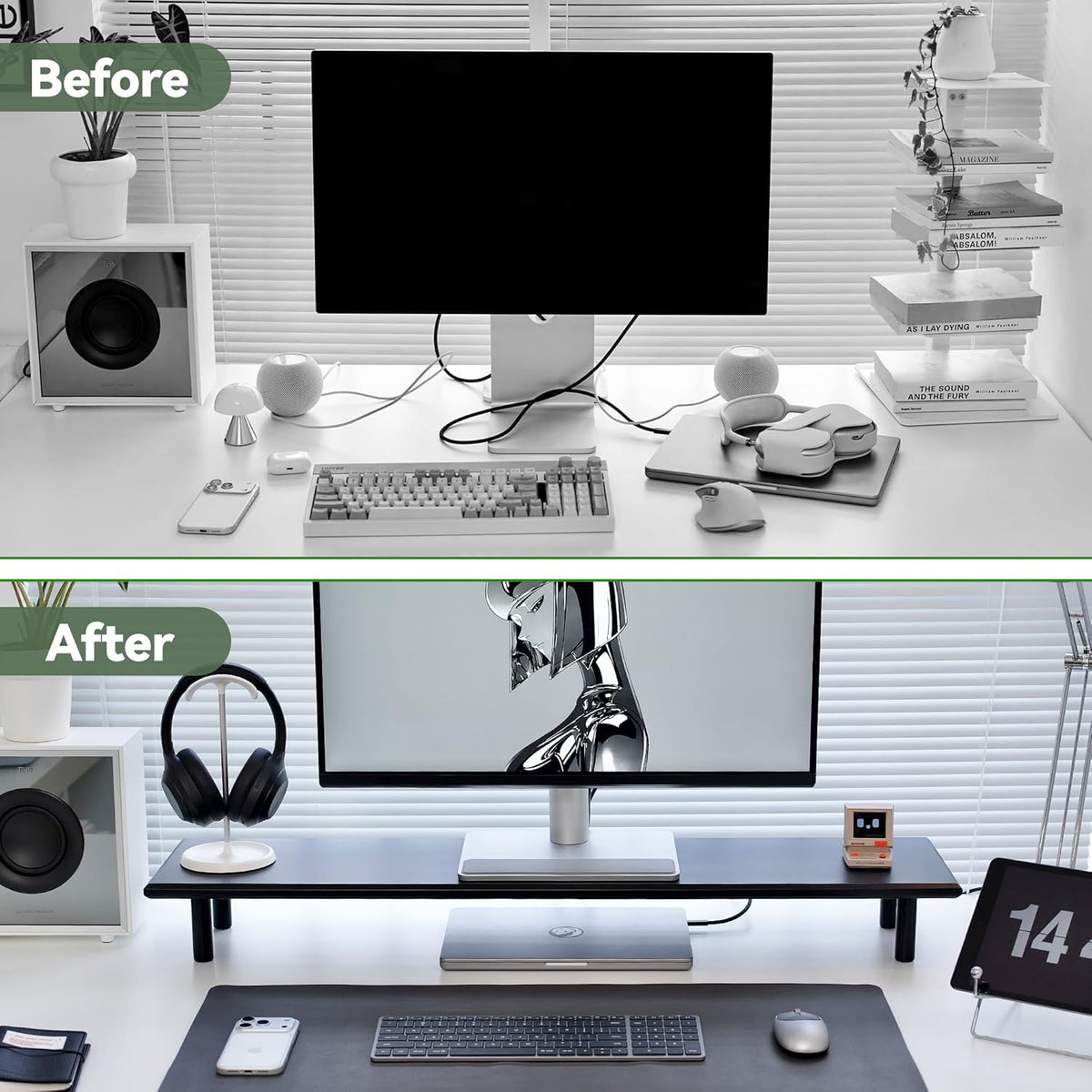 Bamboo Dual Monitor Stand Riser, Natural Desk Shelf with Storage