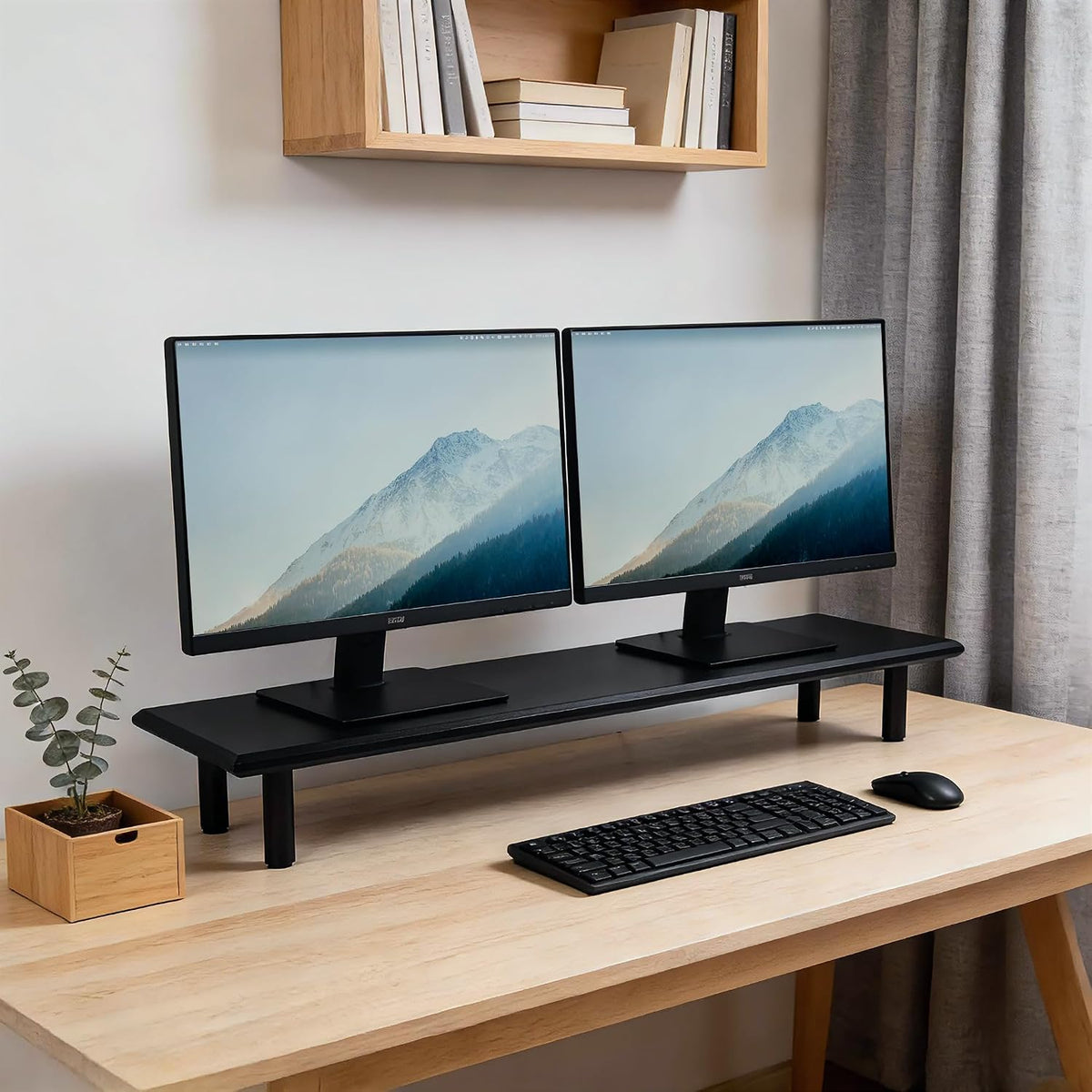 Bamboo Dual Monitor Stand Riser, Natural Desk Shelf with Storage