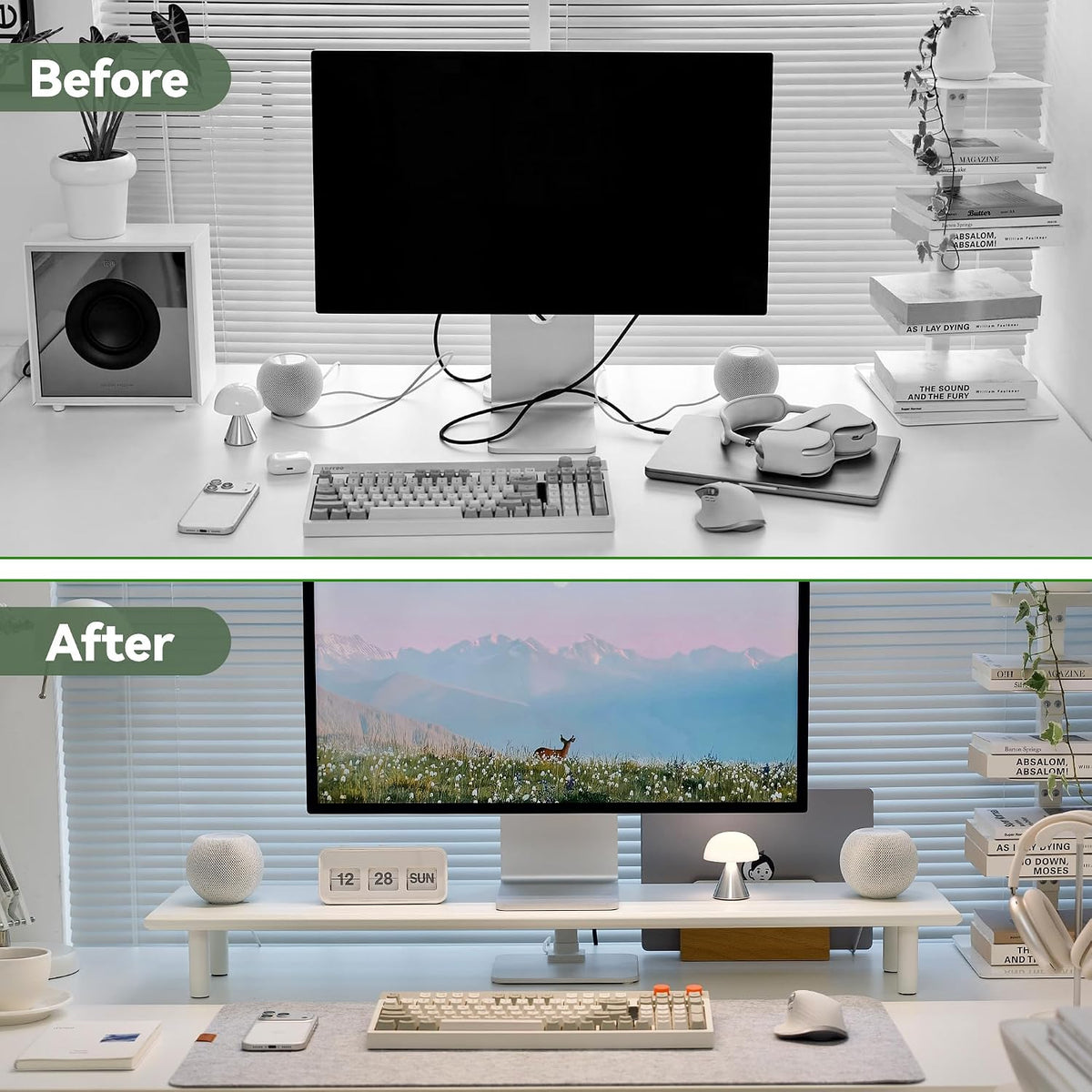 Bamboo Dual Monitor Stand Riser, Natural Desk Shelf with Storage