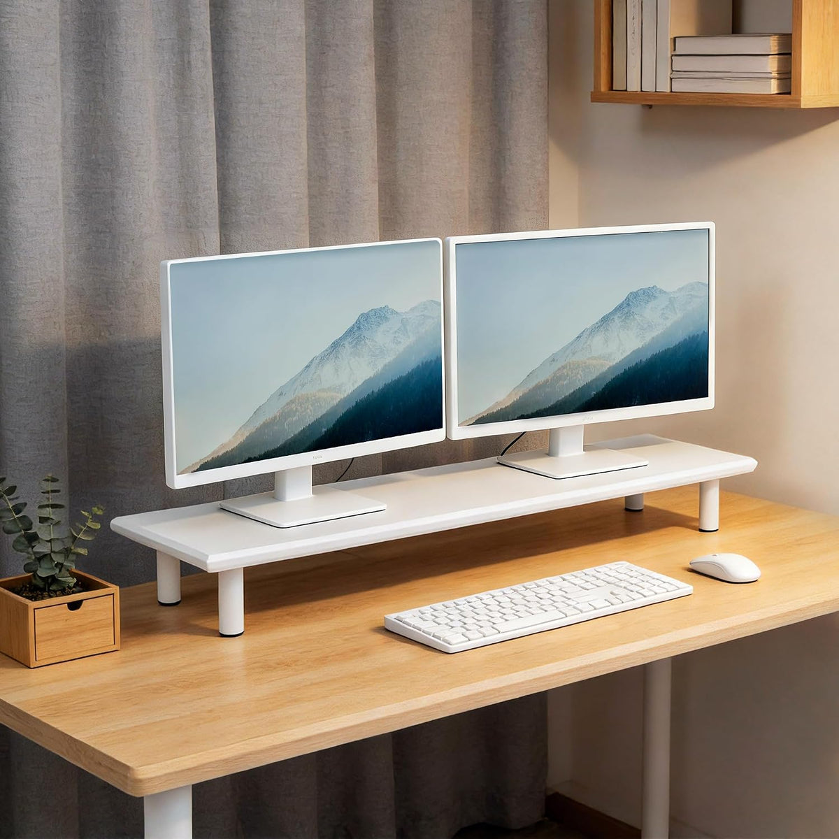 Bamboo Dual Monitor Stand Riser, Natural Desk Shelf with Storage