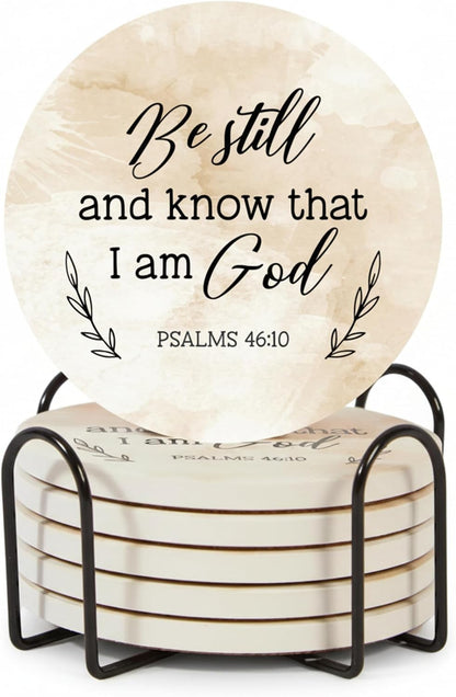 Christian Coasters Set of 6 with Holder, Absorbent Ceramic Faith Gift