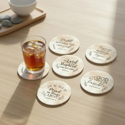 Christian Coasters Set of 6 with Holder, Absorbent Ceramic Faith Gift