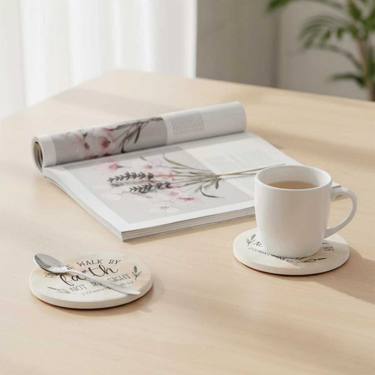 Christian Coasters Set of 6 with Holder, Absorbent Ceramic Faith Gift
