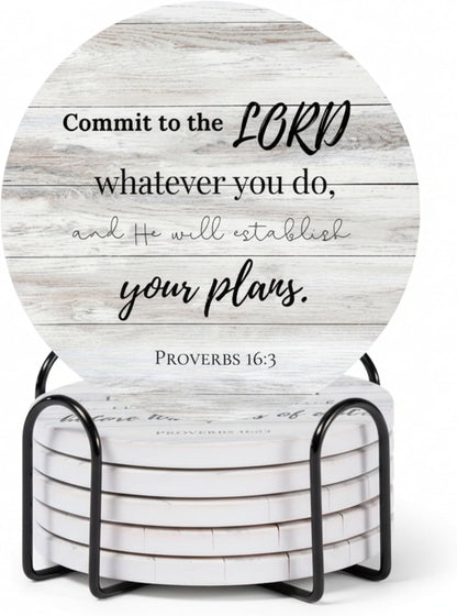 Christian Coasters Set of 6 with Holder, Absorbent Ceramic Faith Gift