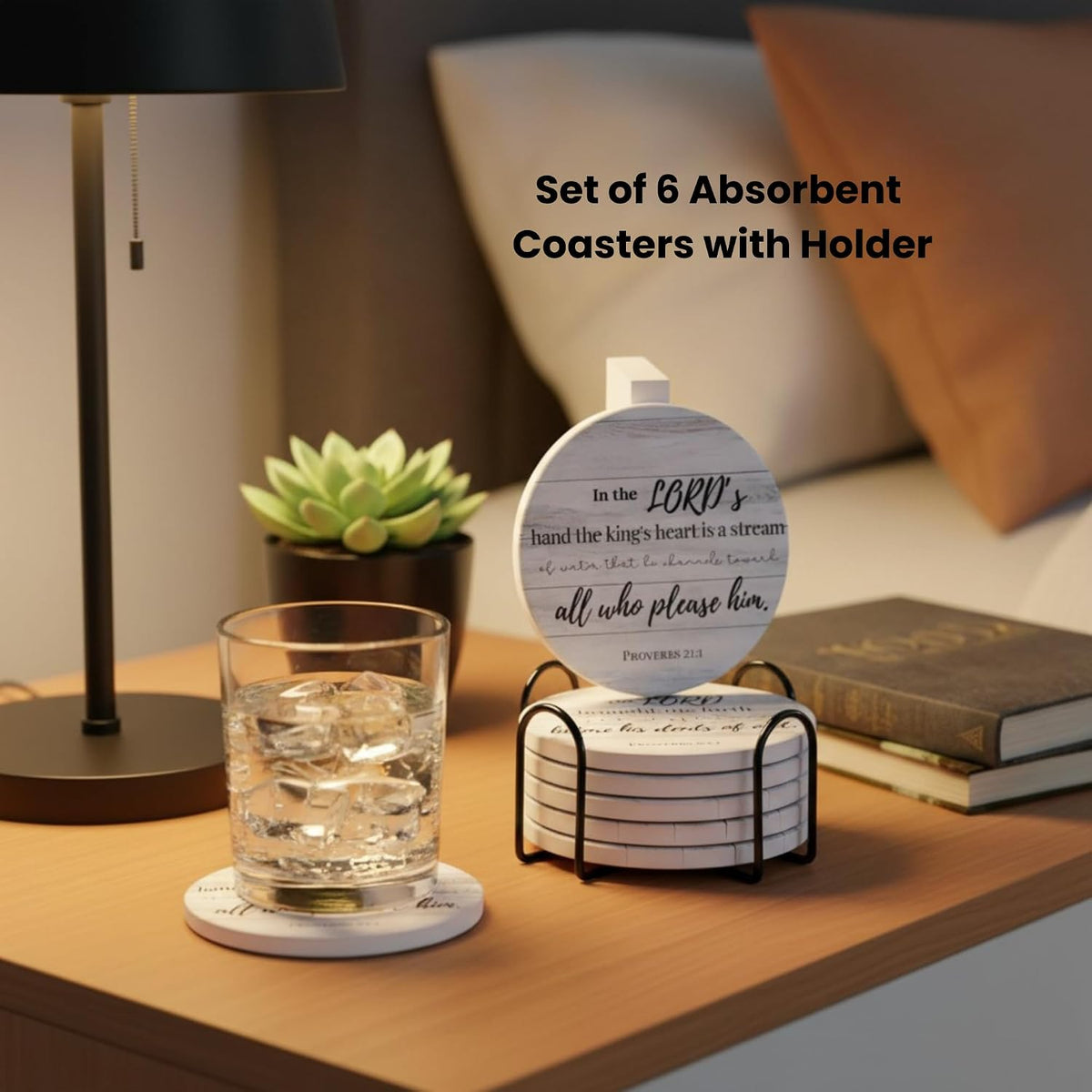 Christian Coasters Set of 6 with Holder, Absorbent Ceramic Faith Gift
