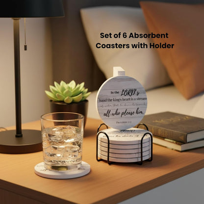 Christian Coasters Set of 6 with Holder, Absorbent Ceramic Faith Gift