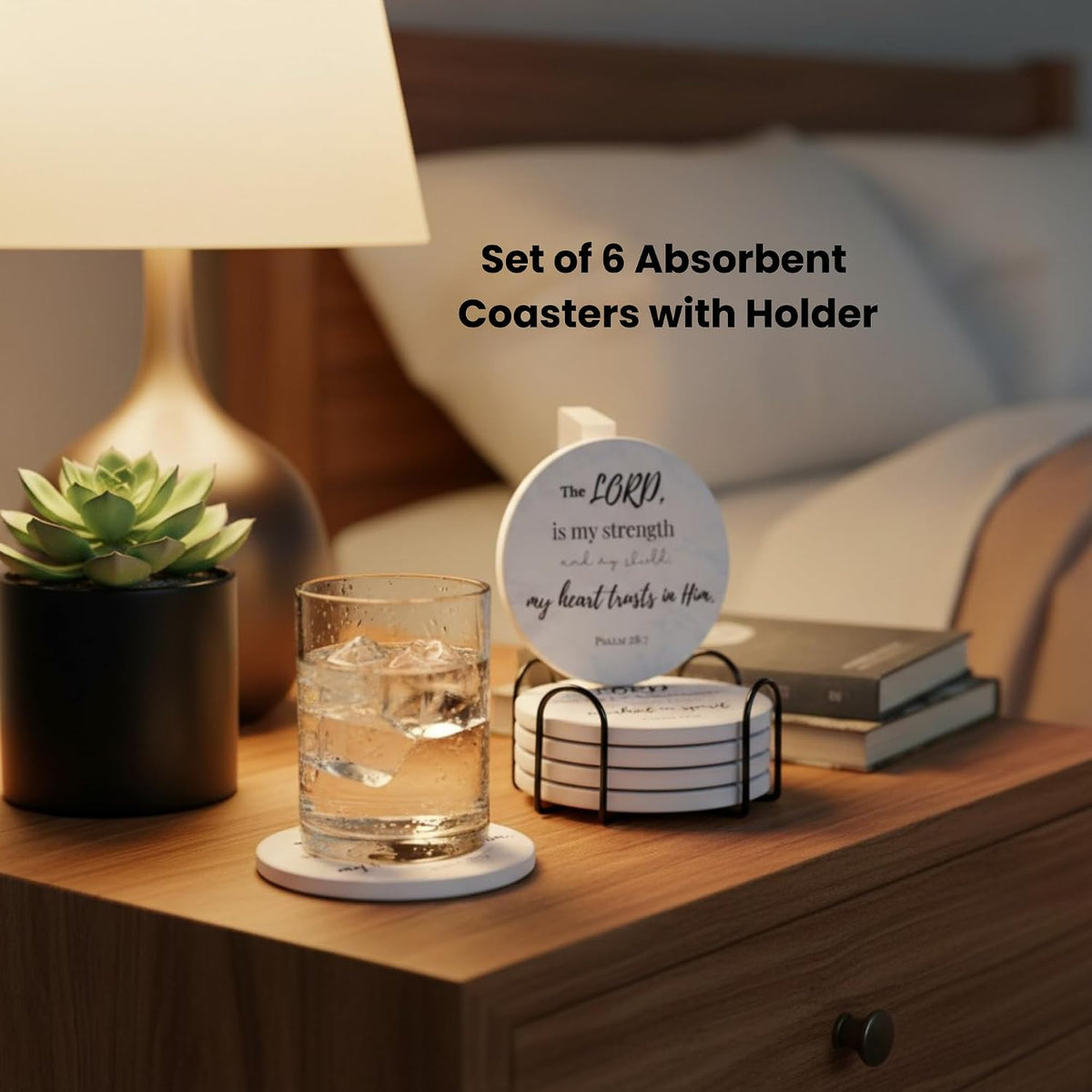 Christian Coasters Set of 6 with Holder, Absorbent Ceramic Faith Gift