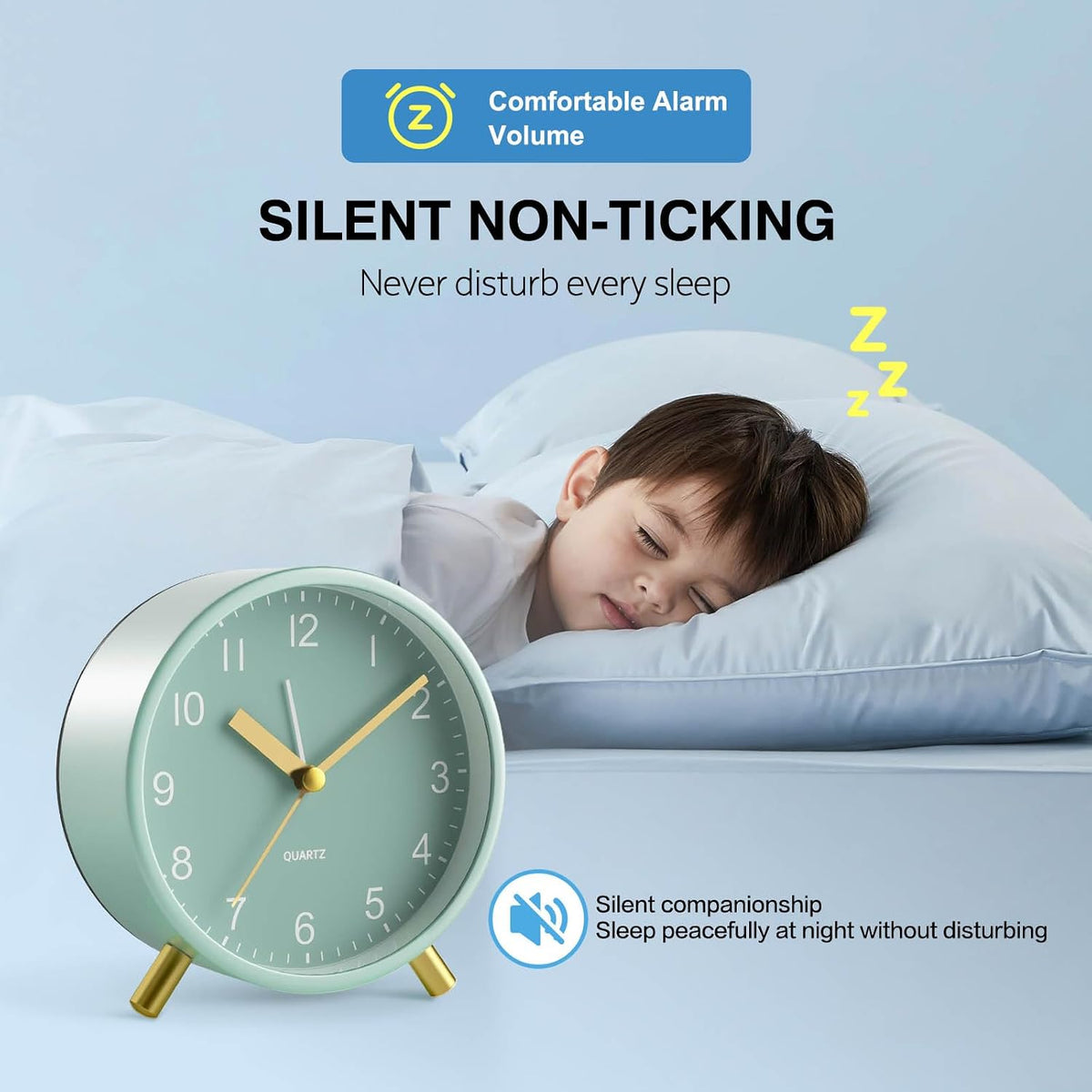 Silent Analog Quartz Kids Alarm Clock, Round Metal, Night Light