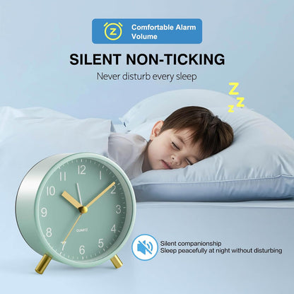 Silent Analog Quartz Kids Alarm Clock, Round Metal, Night Light