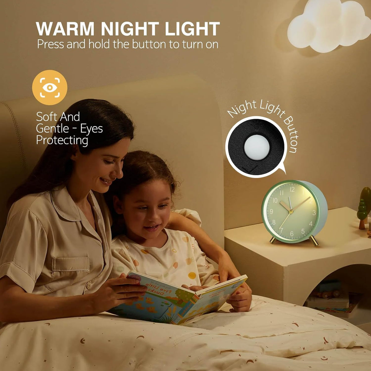 Silent Analog Quartz Kids Alarm Clock, Round Metal, Night Light