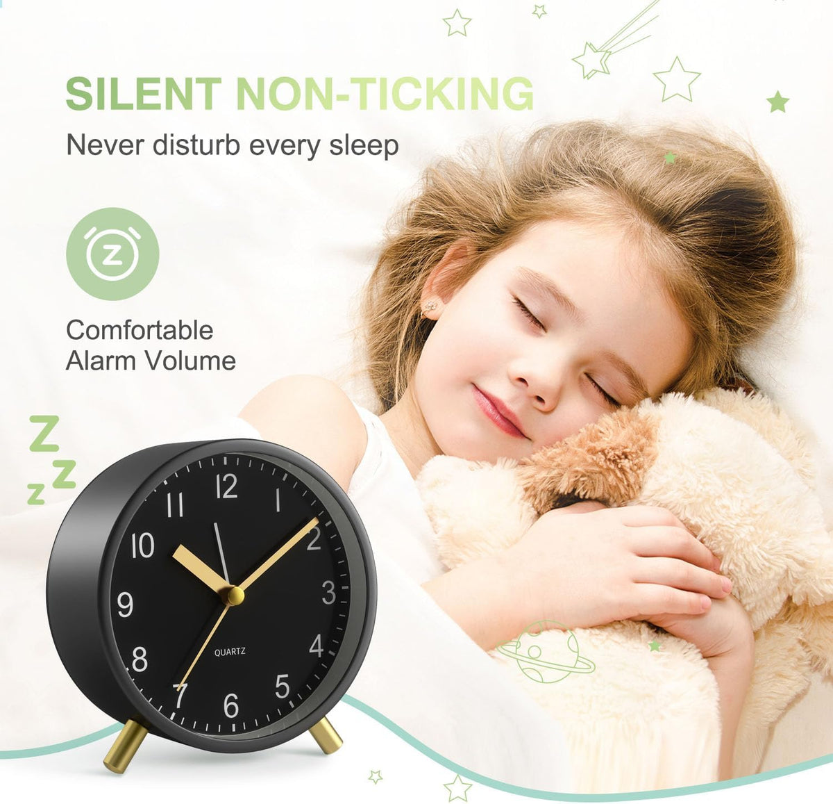 Silent Analog Quartz Kids Alarm Clock, Round Metal, Night Light