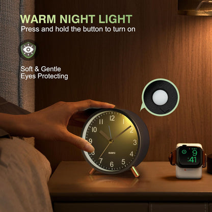 Silent Analog Quartz Kids Alarm Clock, Round Metal, Night Light