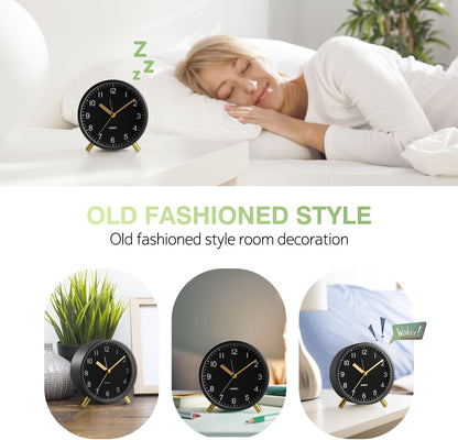 Silent Analog Quartz Kids Alarm Clock, Round Metal, Night Light