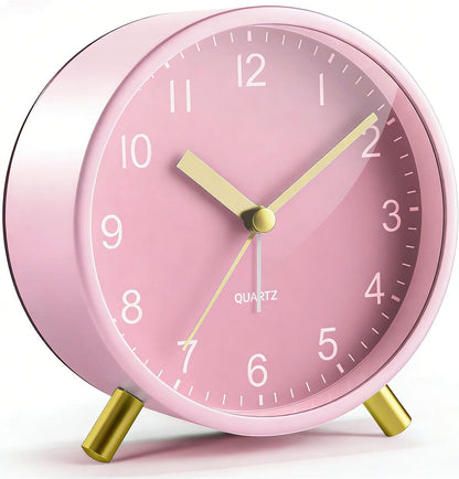 Silent Analog Quartz Kids Alarm Clock, Round Metal, Night Light