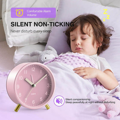 Silent Analog Quartz Kids Alarm Clock, Round Metal, Night Light