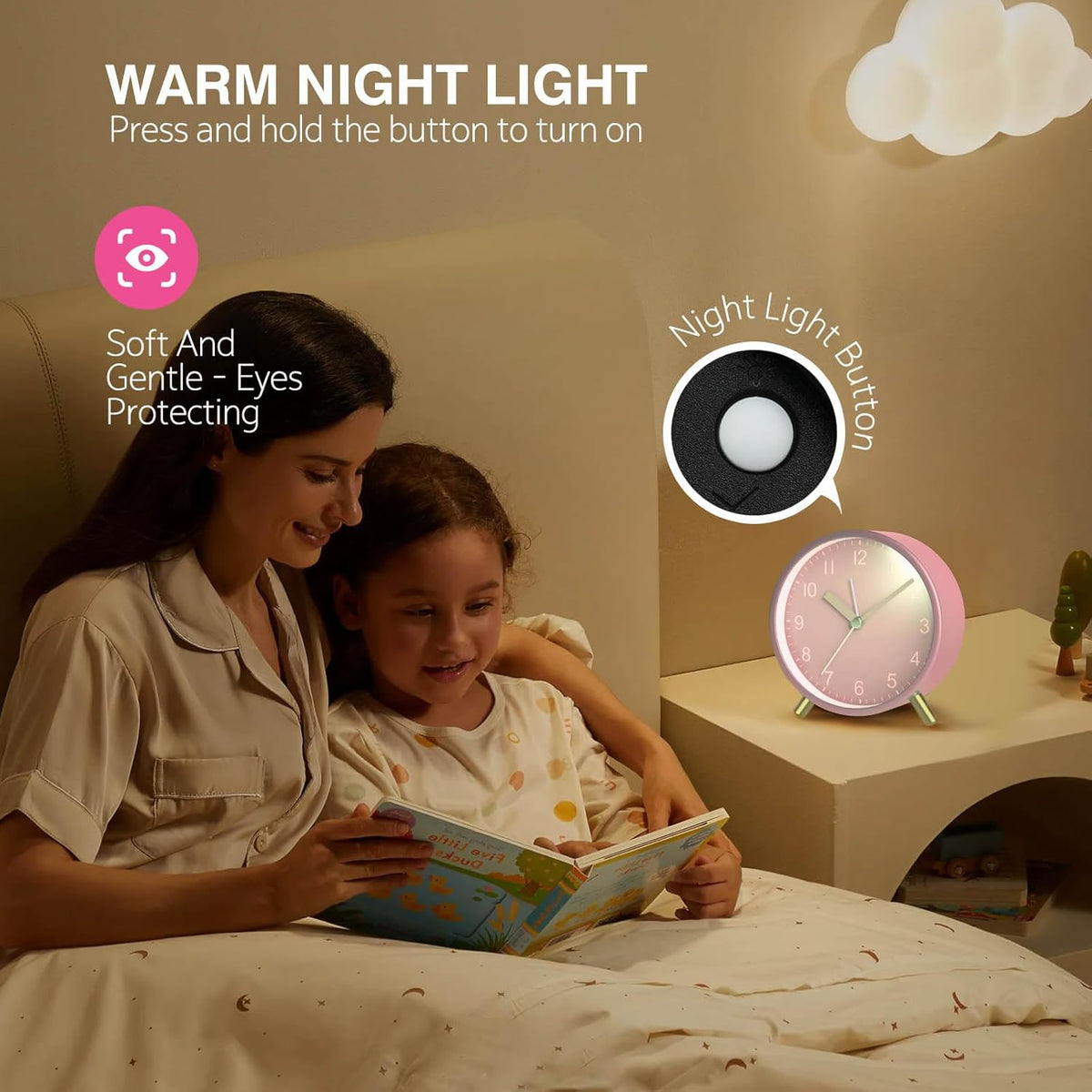 Silent Analog Quartz Kids Alarm Clock, Round Metal, Night Light
