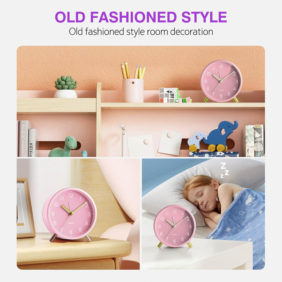 Silent Analog Quartz Kids Alarm Clock, Round Metal, Night Light