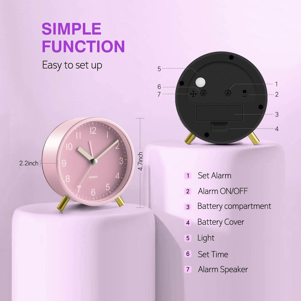 Silent Analog Quartz Kids Alarm Clock, Round Metal, Night Light