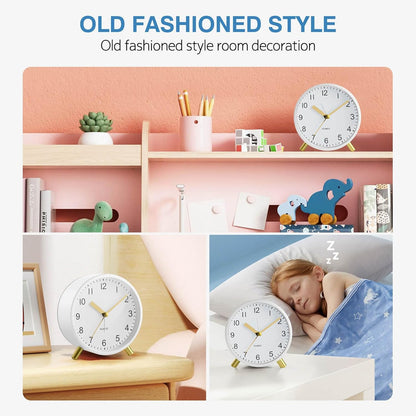 Silent Analog Quartz Kids Alarm Clock, Round Metal, Night Light