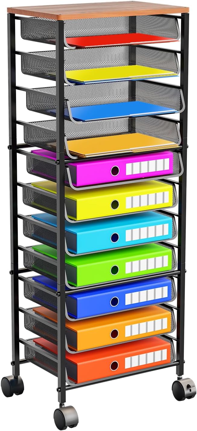 12-Tier Rolling File Cart, Desk File Organizer with 11 Mesh Sliding Trays, Letter & Legal Paper Storage Rolling Utility Cart for Office Home School, Black