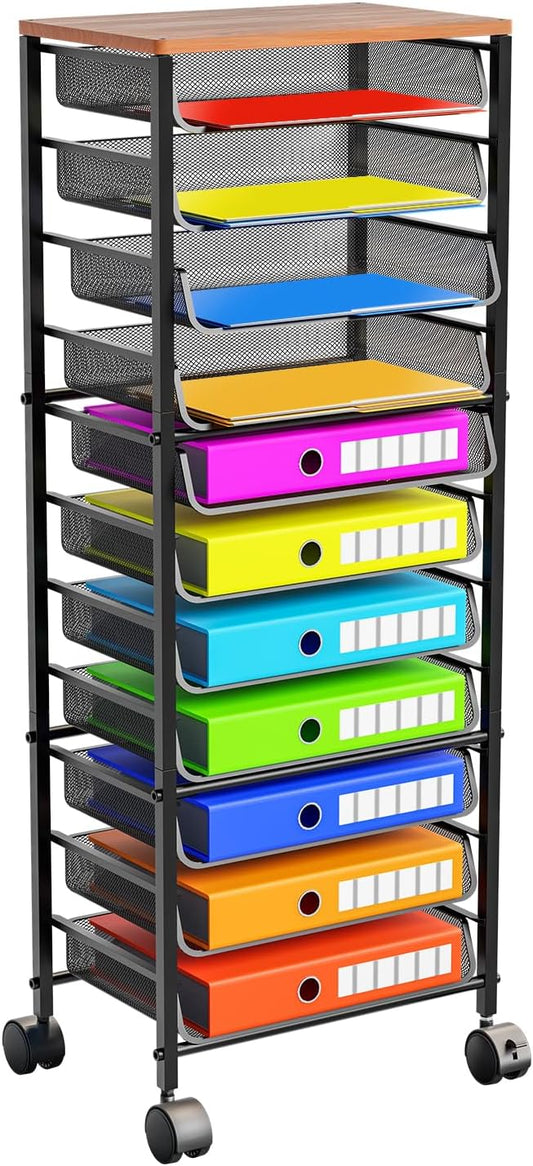 12-Tier Rolling File Cart, Desk File Organizer with 11 Mesh Sliding Trays, Letter & Legal Paper Storage Rolling Utility Cart for Office Home School, Black