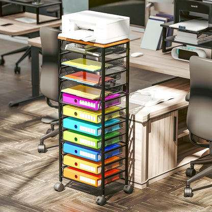 12-Tier Rolling File Cart, Desk File Organizer with 11 Mesh Sliding Trays, Letter & Legal Paper Storage Rolling Utility Cart for Office Home School, Black