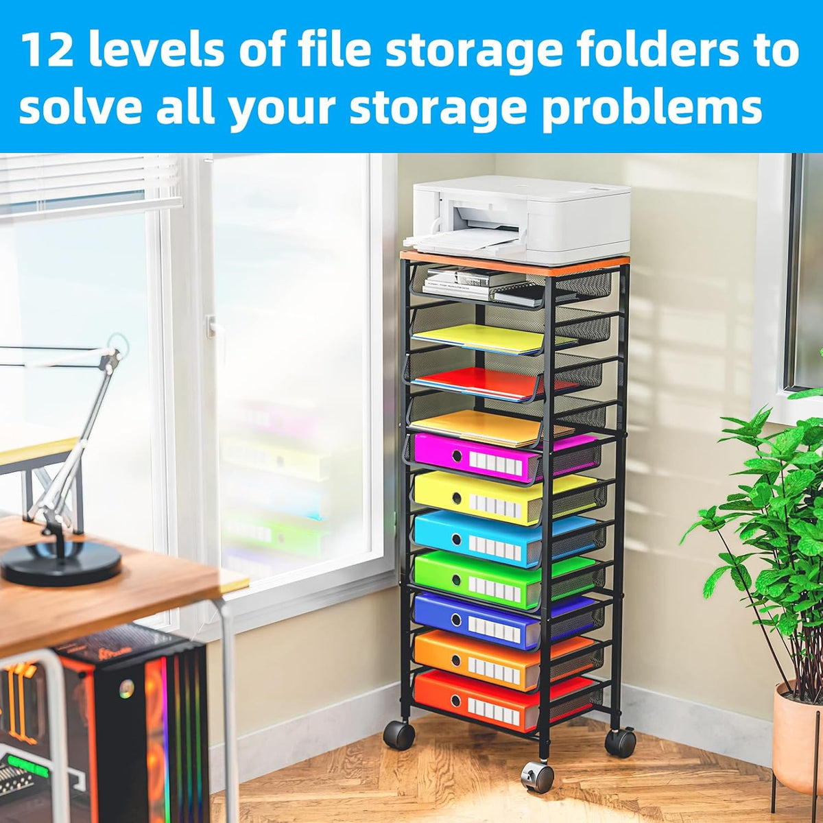 12-Tier Rolling File Cart, Desk File Organizer with 11 Mesh Sliding Trays, Letter & Legal Paper Storage Rolling Utility Cart for Office Home School, Black