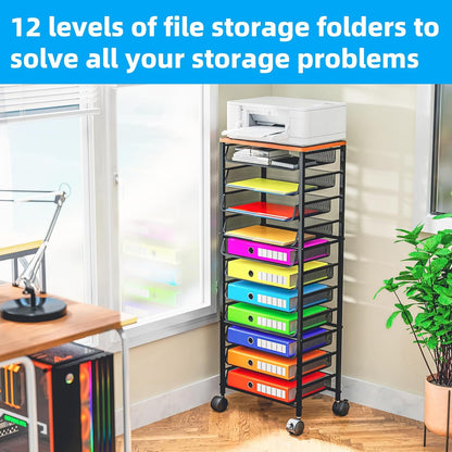 12-Tier Rolling File Cart, Desk File Organizer with 11 Mesh Sliding Trays, Letter & Legal Paper Storage Rolling Utility Cart for Office Home School, Black