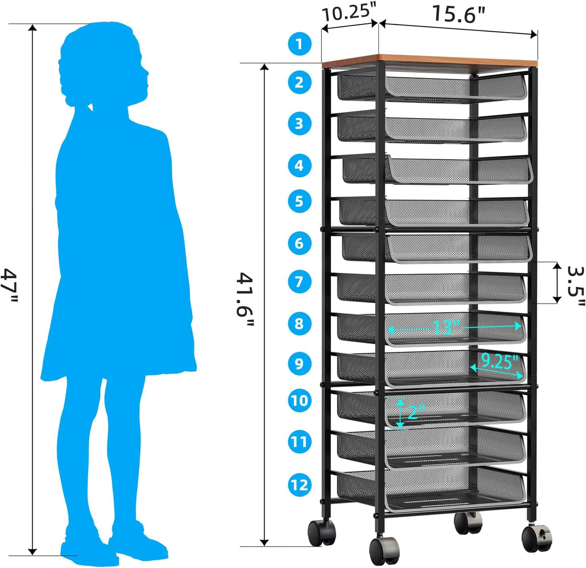 12-Tier Rolling File Cart, Desk File Organizer with 11 Mesh Sliding Trays, Letter & Legal Paper Storage Rolling Utility Cart for Office Home School, Black