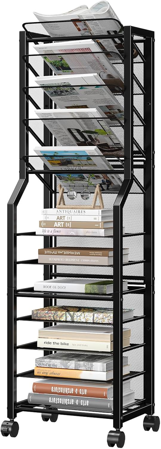 12-Tier Rolling File Cart, Desk File Organizer with 11 Mesh Sliding Trays, Letter & Legal Paper Storage Rolling Utility Cart for Office Home School, Black