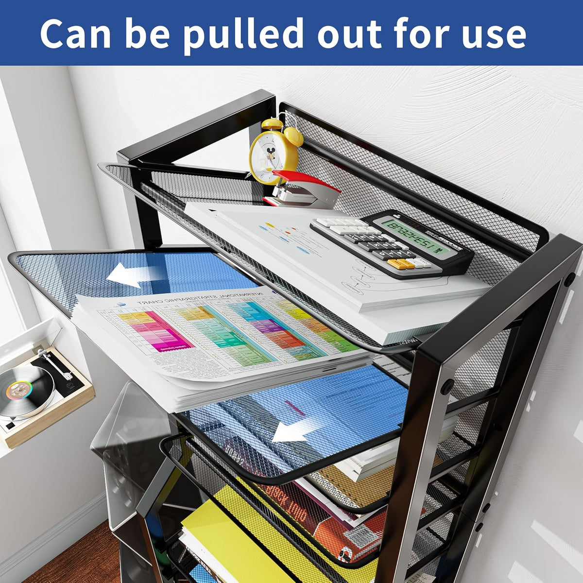 12-Tier Rolling File Cart, Desk File Organizer with 11 Mesh Sliding Trays, Letter & Legal Paper Storage Rolling Utility Cart for Office Home School, Black