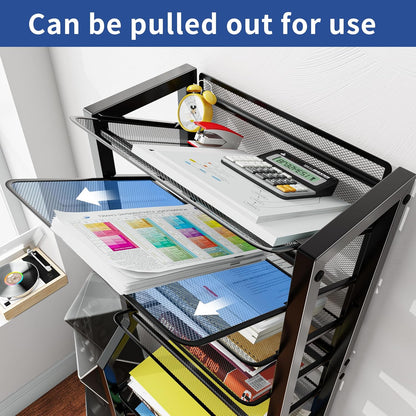 12-Tier Rolling File Cart, Desk File Organizer with 11 Mesh Sliding Trays, Letter & Legal Paper Storage Rolling Utility Cart for Office Home School, Black
