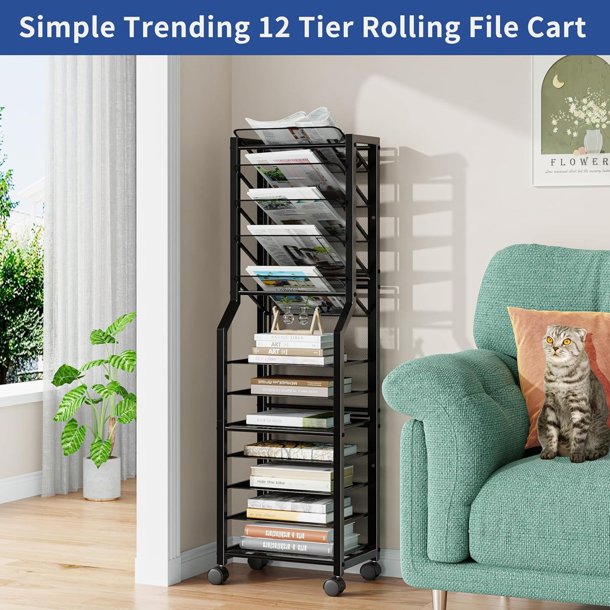 12-Tier Rolling File Cart, Desk File Organizer with 11 Mesh Sliding Trays, Letter & Legal Paper Storage Rolling Utility Cart for Office Home School, Black