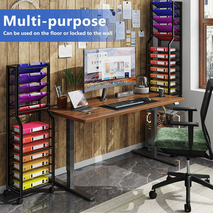 12-Tier Rolling File Cart, Desk File Organizer with 11 Mesh Sliding Trays, Letter & Legal Paper Storage Rolling Utility Cart for Office Home School, Black