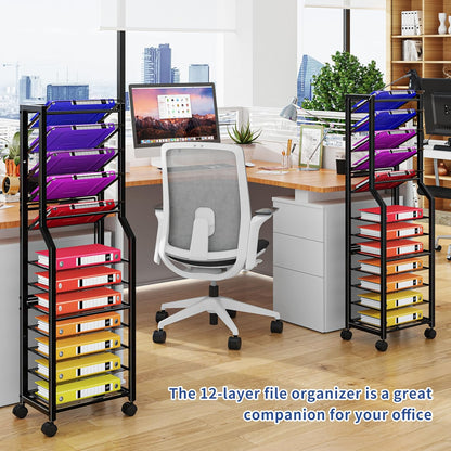 12-Tier Rolling File Cart, Desk File Organizer with 11 Mesh Sliding Trays, Letter & Legal Paper Storage Rolling Utility Cart for Office Home School, Black