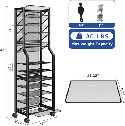 12-Tier Rolling File Cart, Desk File Organizer with 11 Mesh Sliding Trays, Letter & Legal Paper Storage Rolling Utility Cart for Office Home School, Black