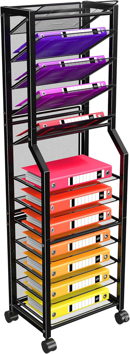 12-Tier Rolling File Cart, Desk File Organizer with 11 Mesh Sliding Trays, Letter & Legal Paper Storage Rolling Utility Cart for Office Home School, Black