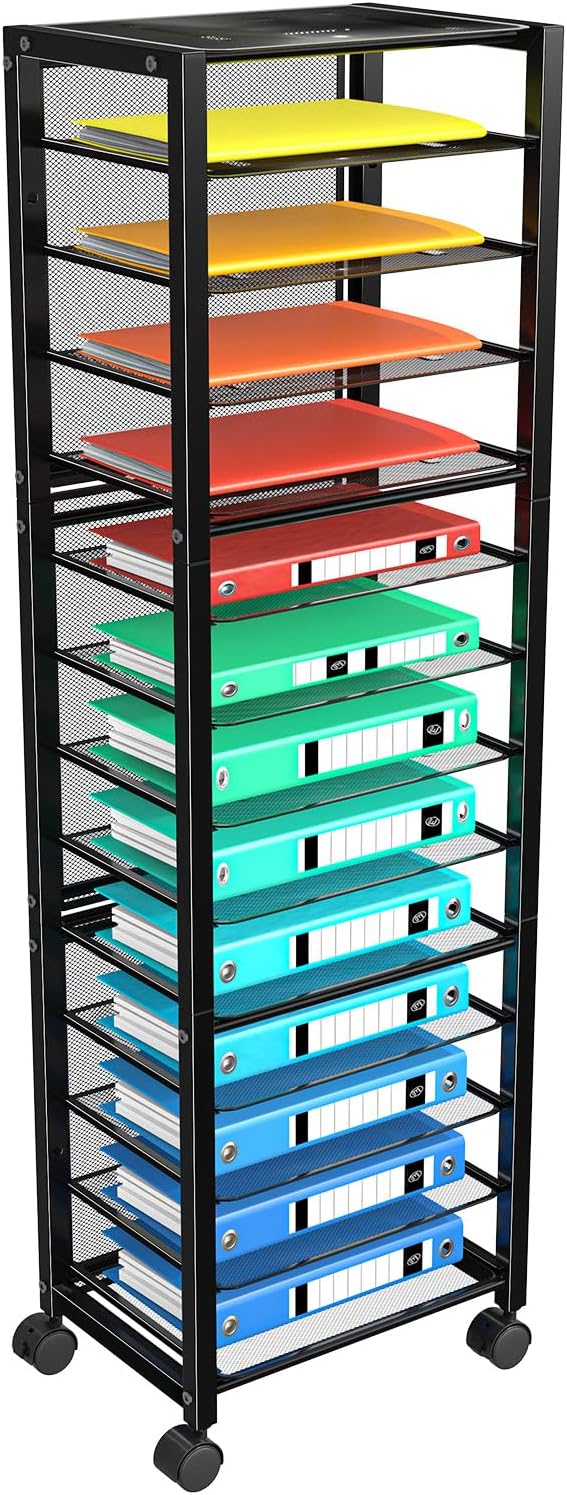 12-Tier Rolling File Cart, Desk File Organizer with 11 Mesh Sliding Trays, Letter & Legal Paper Storage Rolling Utility Cart for Office Home School, Black