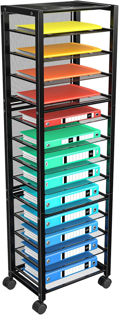 12-Tier Rolling File Cart, Desk File Organizer with 11 Mesh Sliding Trays, Letter & Legal Paper Storage Rolling Utility Cart for Office Home School, Black