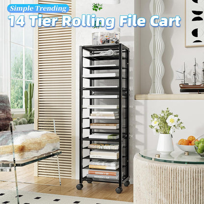 12-Tier Rolling File Cart, Desk File Organizer with 11 Mesh Sliding Trays, Letter & Legal Paper Storage Rolling Utility Cart for Office Home School, Black
