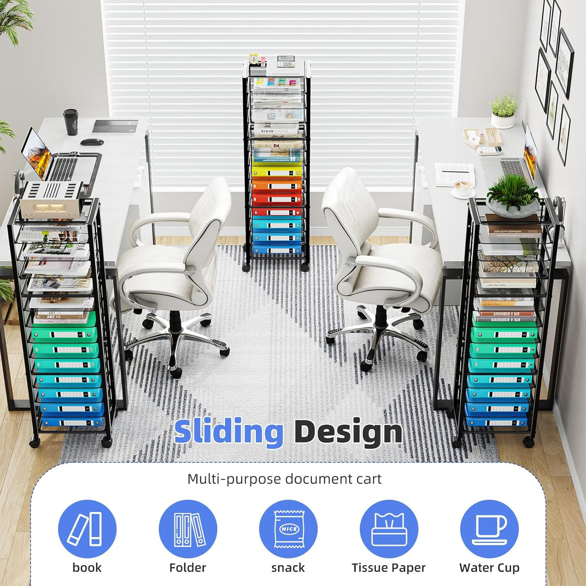 12-Tier Rolling File Cart, Desk File Organizer with 11 Mesh Sliding Trays, Letter & Legal Paper Storage Rolling Utility Cart for Office Home School, Black