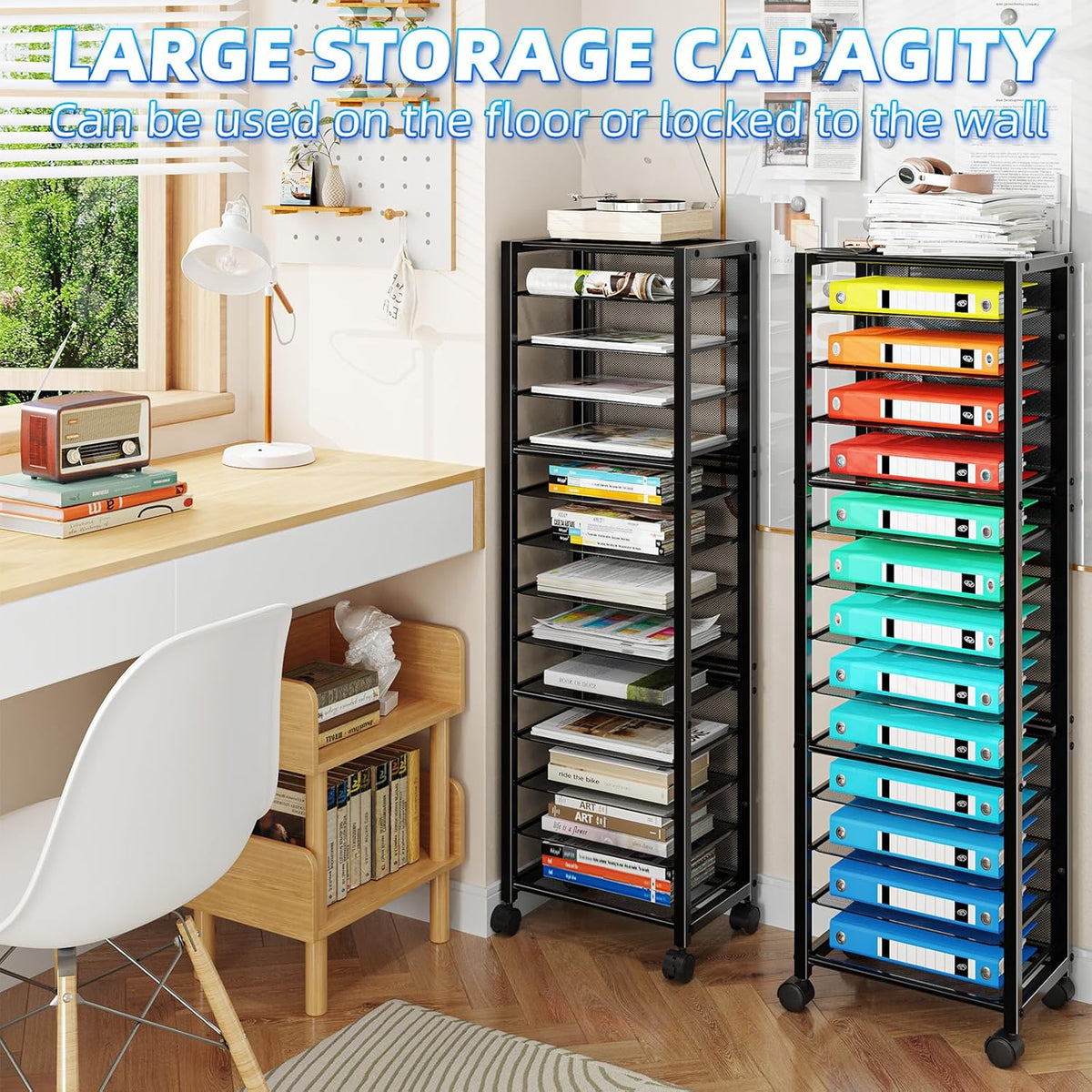 12-Tier Rolling File Cart, Desk File Organizer with 11 Mesh Sliding Trays, Letter & Legal Paper Storage Rolling Utility Cart for Office Home School, Black