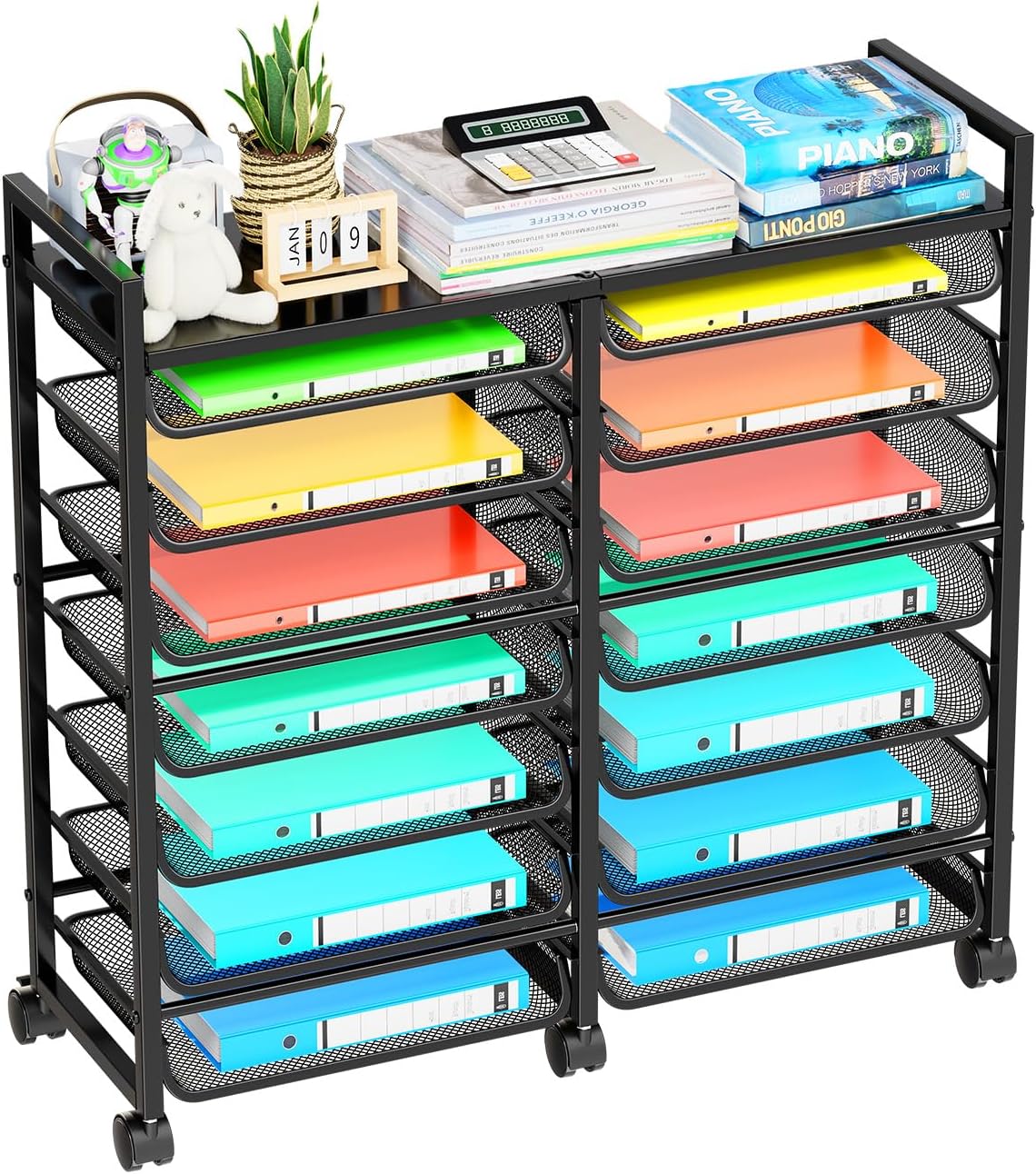 12-Tier Rolling File Cart, Desk File Organizer with 11 Mesh Sliding Trays, Letter & Legal Paper Storage Rolling Utility Cart for Office Home School, Black