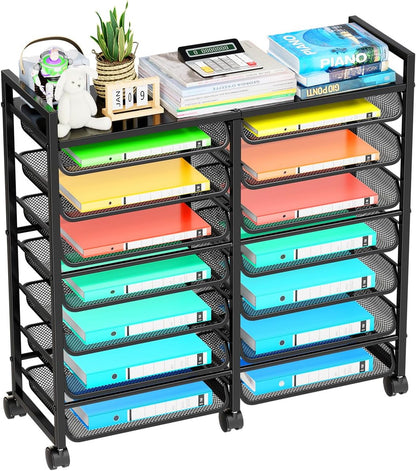 12-Tier Rolling File Cart, Desk File Organizer with 11 Mesh Sliding Trays, Letter & Legal Paper Storage Rolling Utility Cart for Office Home School, Black