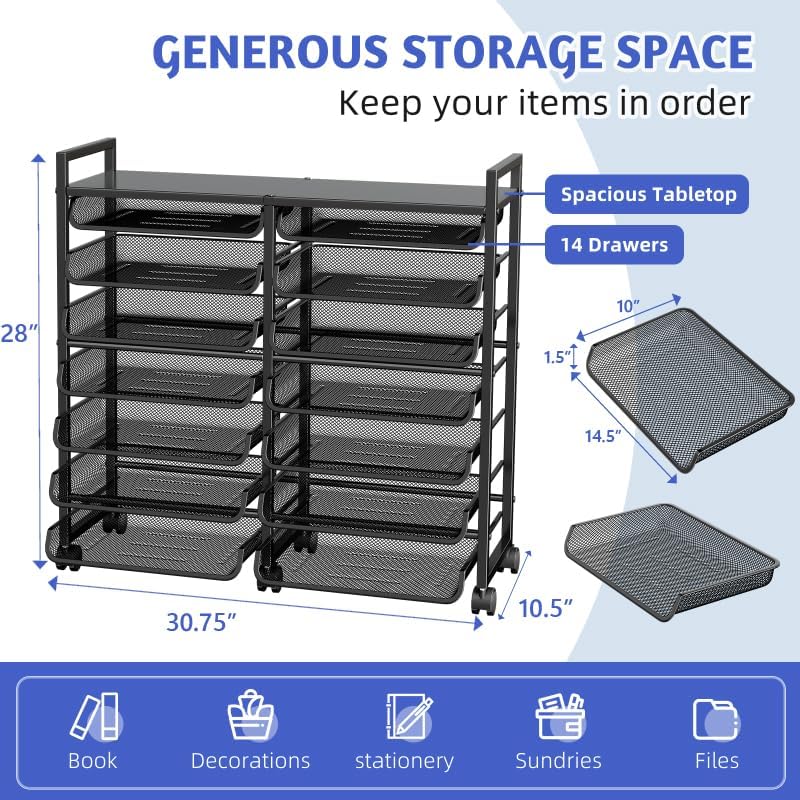 12-Tier Rolling File Cart, Desk File Organizer with 11 Mesh Sliding Trays, Letter & Legal Paper Storage Rolling Utility Cart for Office Home School, Black