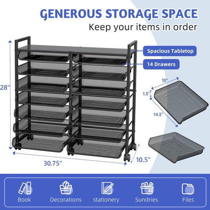 12-Tier Rolling File Cart, Desk File Organizer with 11 Mesh Sliding Trays, Letter & Legal Paper Storage Rolling Utility Cart for Office Home School, Black