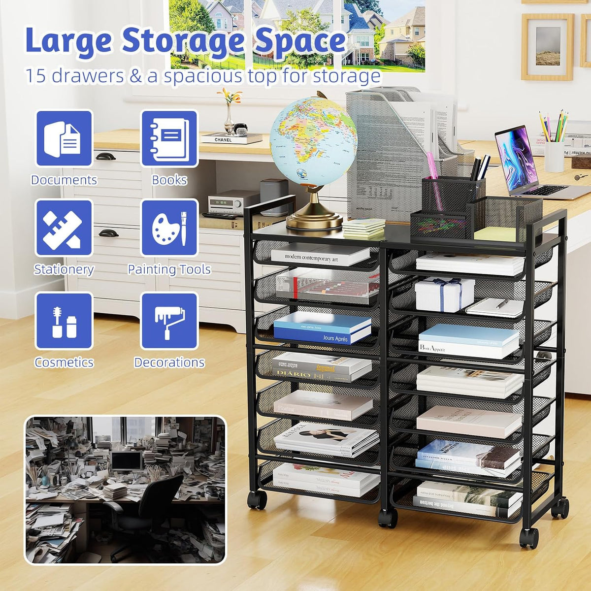 12-Tier Rolling File Cart, Desk File Organizer with 11 Mesh Sliding Trays, Letter & Legal Paper Storage Rolling Utility Cart for Office Home School, Black