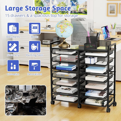 12-Tier Rolling File Cart, Desk File Organizer with 11 Mesh Sliding Trays, Letter & Legal Paper Storage Rolling Utility Cart for Office Home School, Black