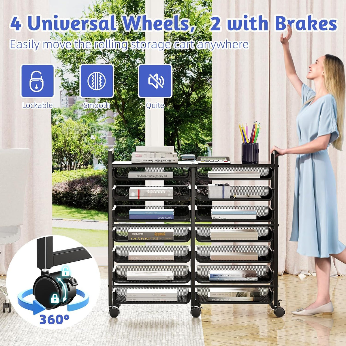 12-Tier Rolling File Cart, Desk File Organizer with 11 Mesh Sliding Trays, Letter & Legal Paper Storage Rolling Utility Cart for Office Home School, Black